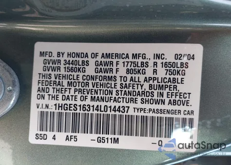 2004 Honda Civic Vp z USA, uszkodzony, nr VIN 1HGES16314L014437